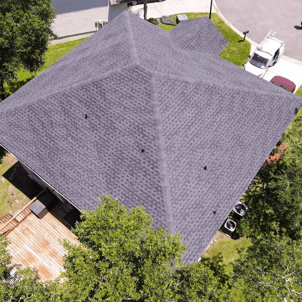 Aerial view of a completed home with a newly installed roof in Jacksonville, FL by Bigfoot Roofing and Construction.